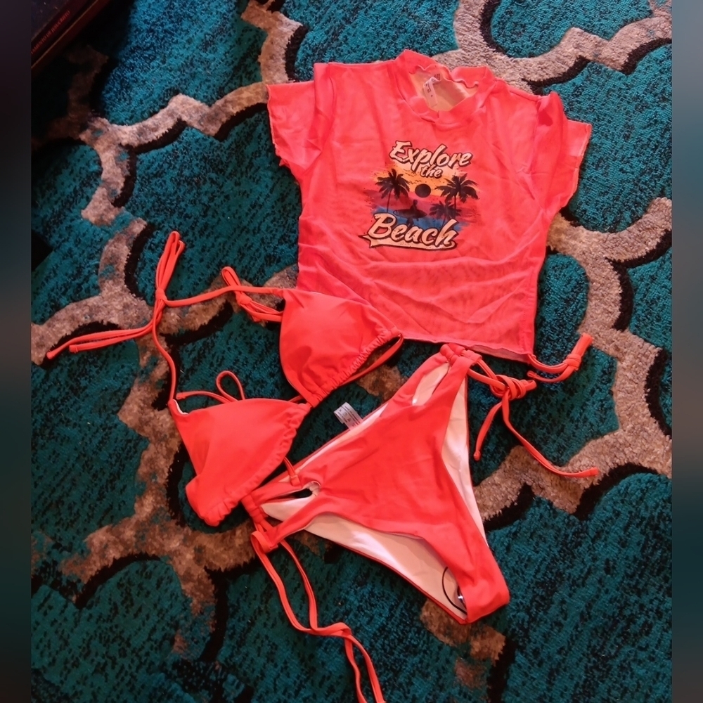 SHEIN Coral Bikini Set with Graphic Tee New Size S 3 Piece